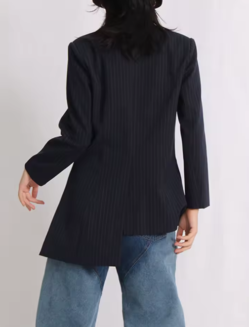 Asymmetric pinstripe blazer with contrast panel – MILLLA