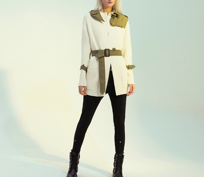 belted contrast trim knit cardigan – OLIVE