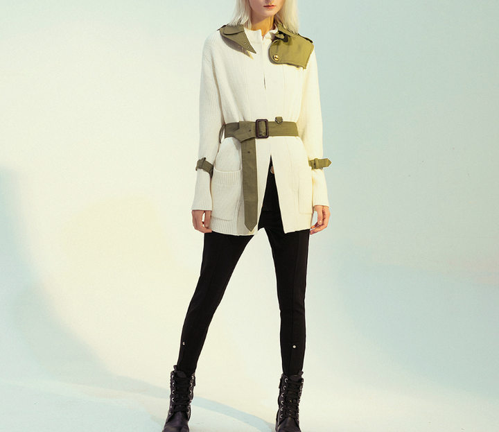 belted contrast trim knit cardigan – OLIVE