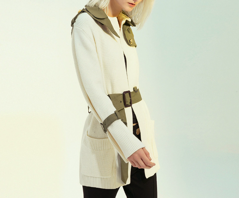 belted contrast trim knit cardigan – OLIVE