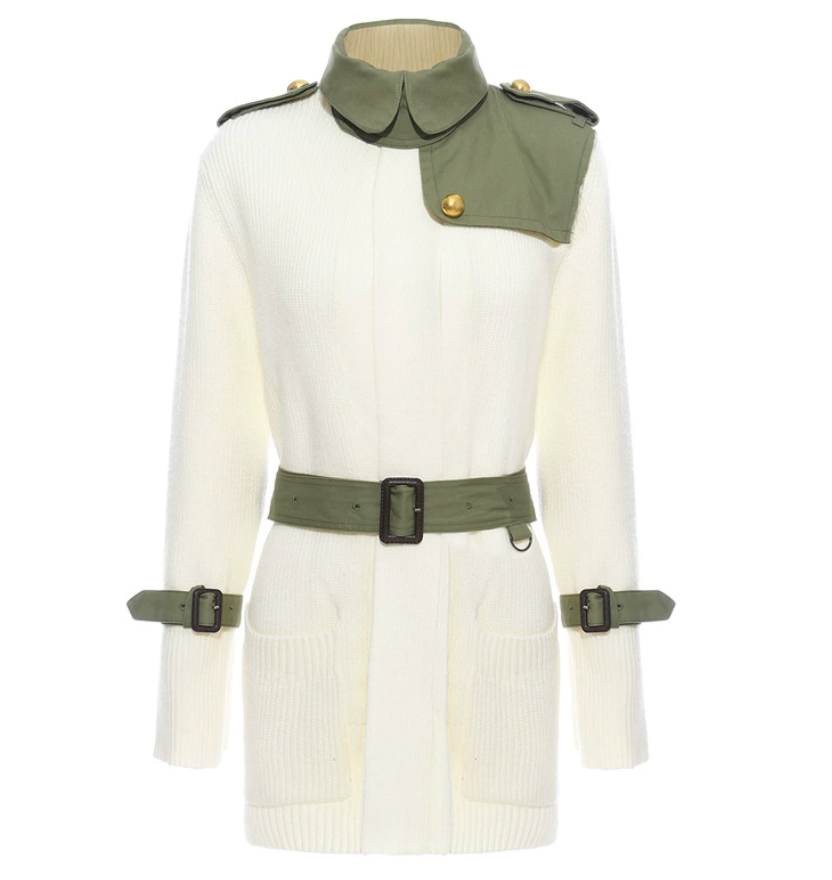 belted contrast trim knit cardigan – OLIVE