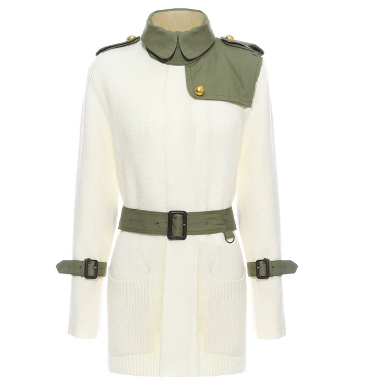 belted contrast trim knit cardigan – OLIVE