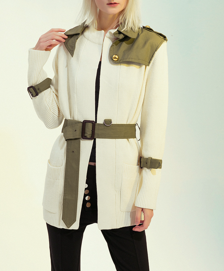 belted contrast trim knit cardigan – OLIVE