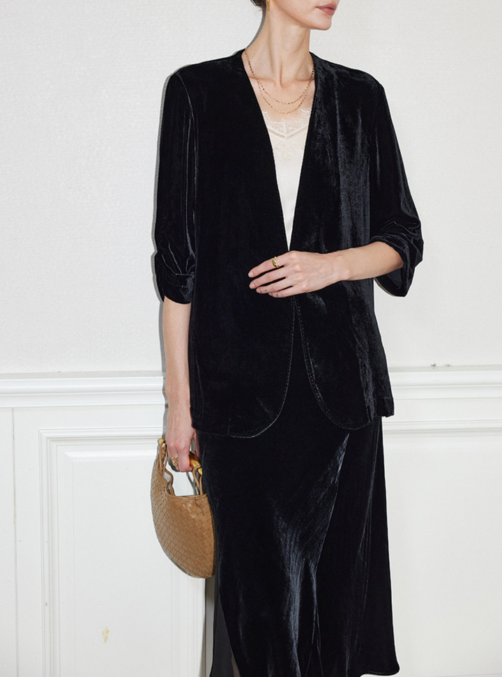 velvet open-front blazer with relaxed tailoring – RANA