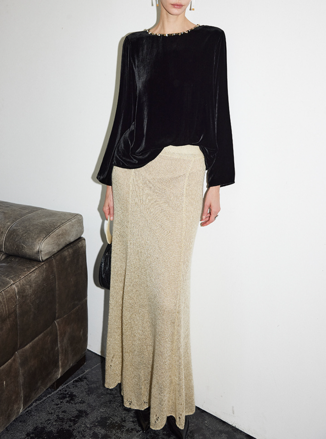 velvet long-sleeve top with embellished neckline – TAMER