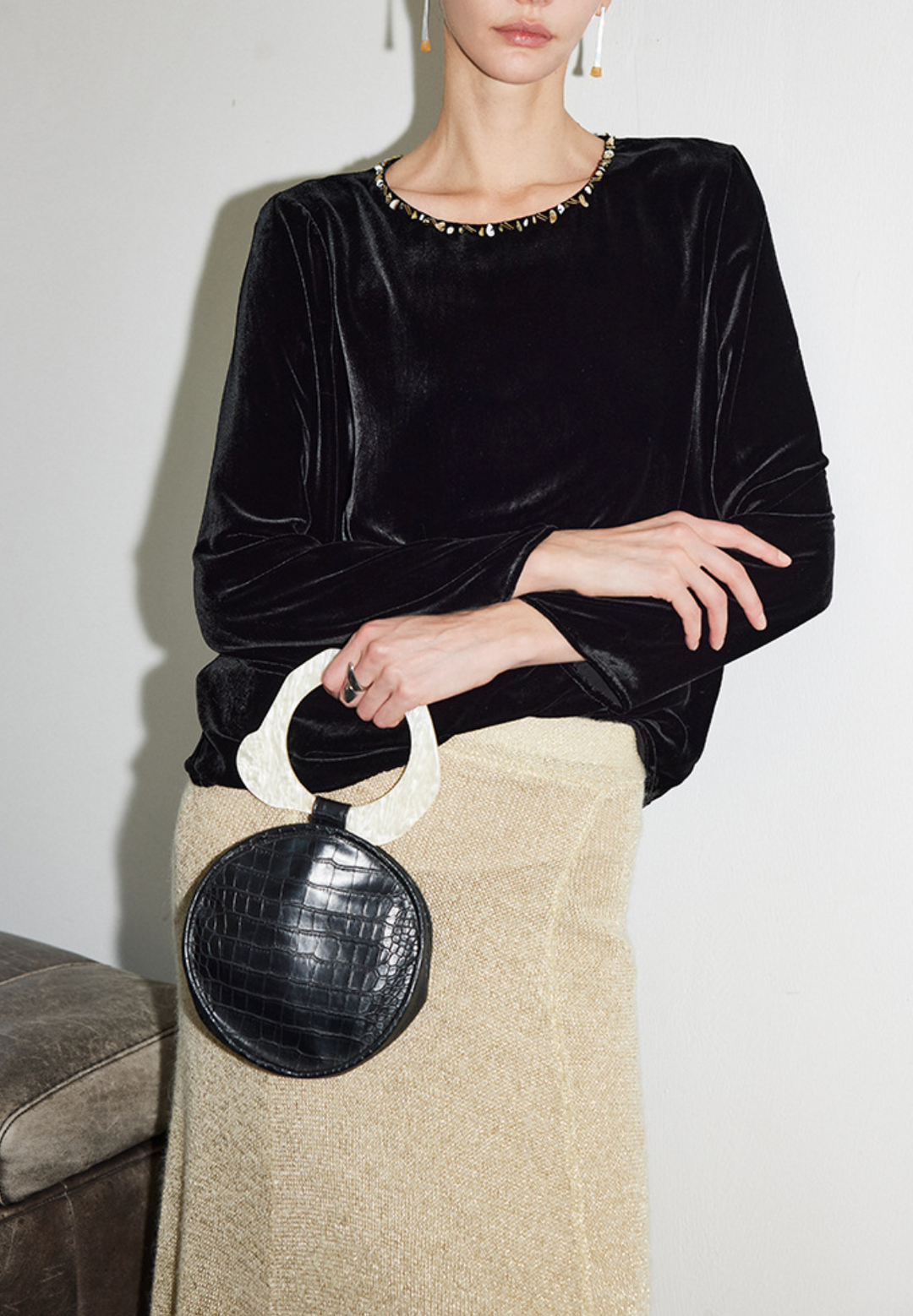 velvet long-sleeve top with embellished neckline – TAMER