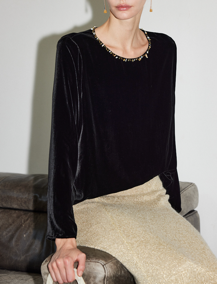velvet long-sleeve top with embellished neckline – TAMER