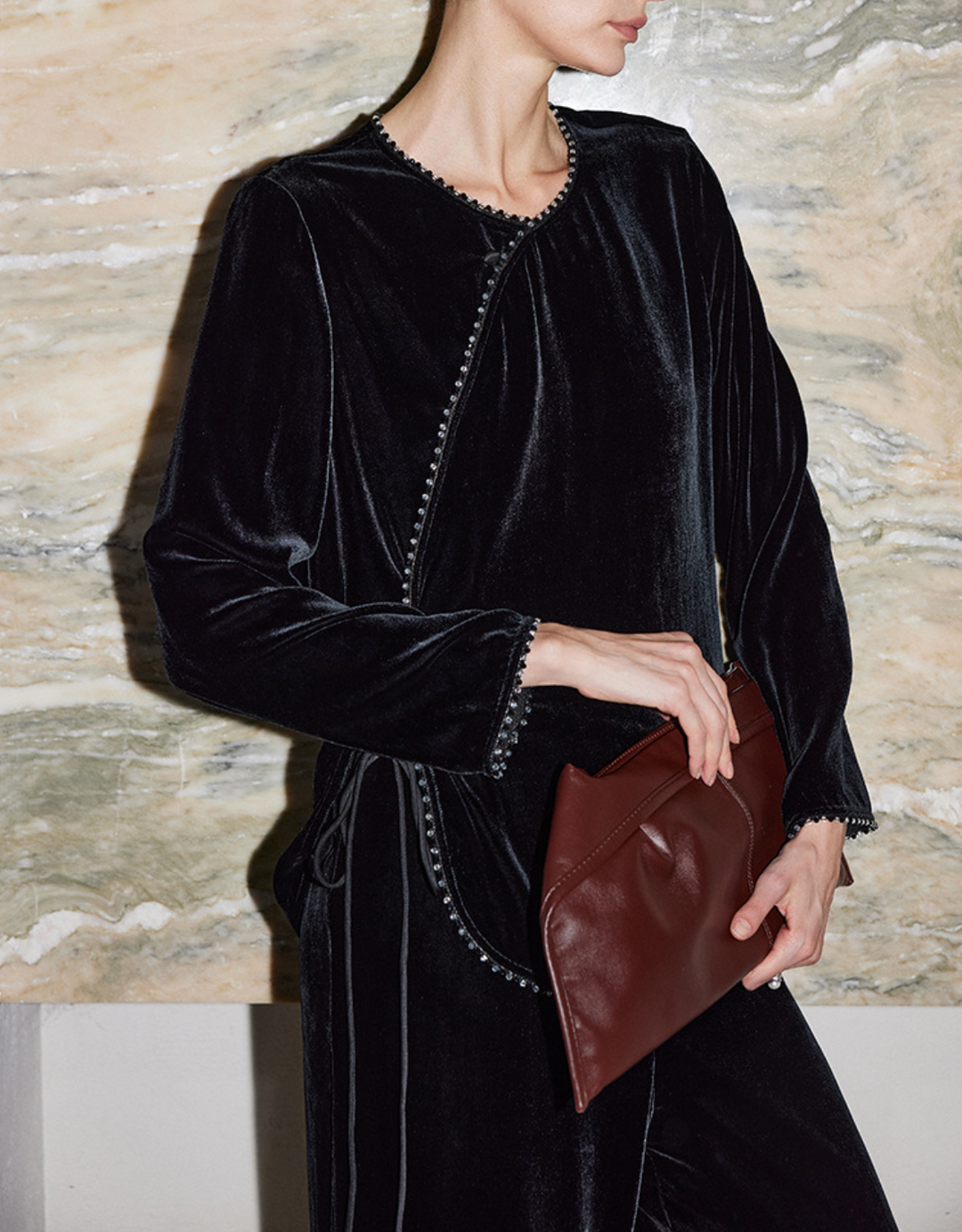 asymmetric velvet blouse with beaded trim – VELORA