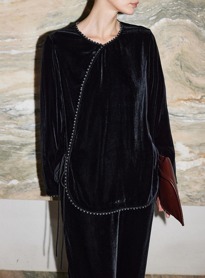asymmetric velvet blouse with beaded trim – VELORA