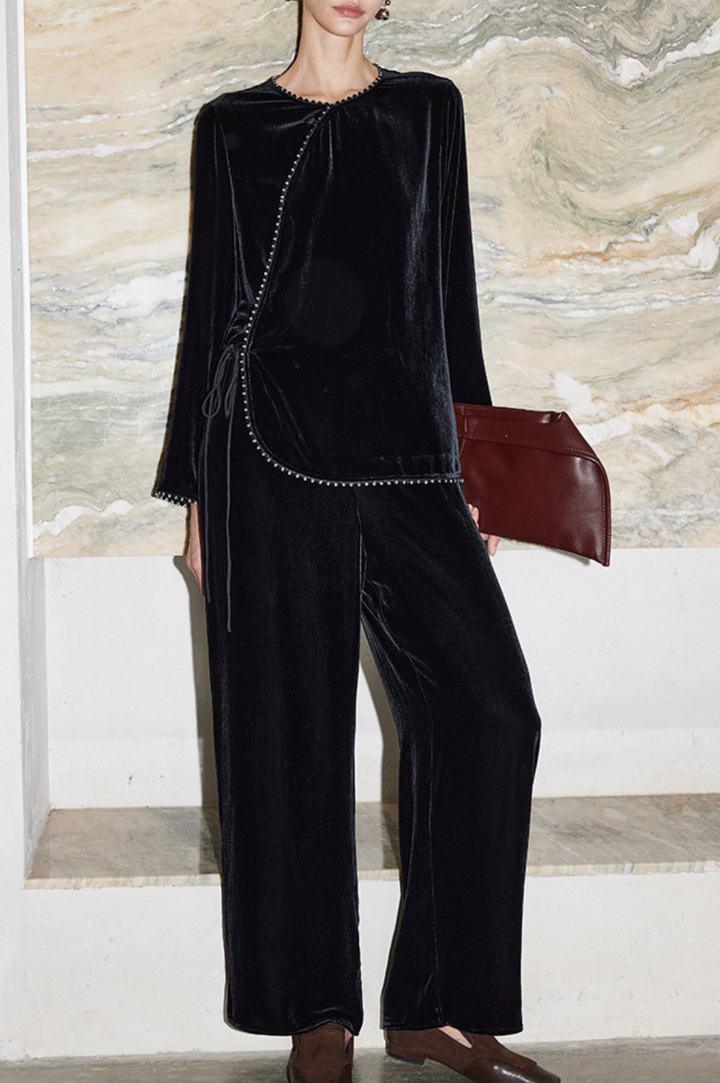 asymmetric velvet blouse with beaded trim – VELORA