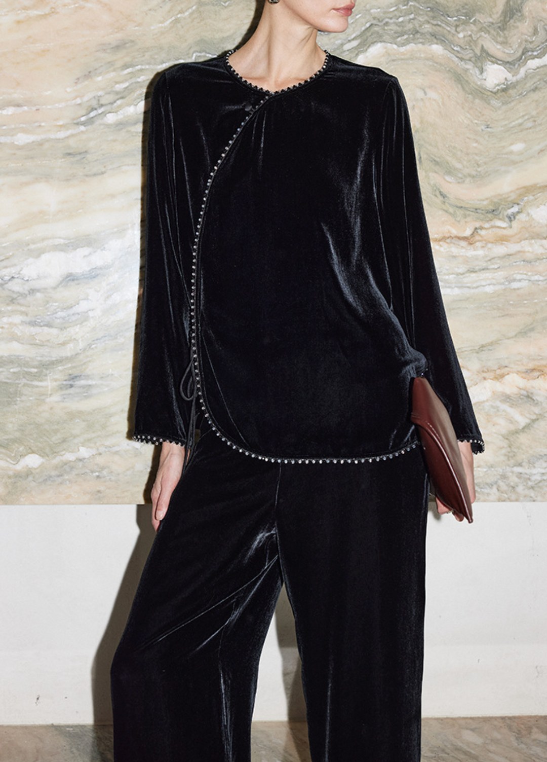 asymmetric velvet blouse with beaded trim – VELORA