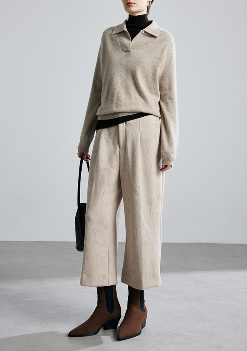 high-waist wide-leg cropped trousers with subtle jacquard texture – ELISE