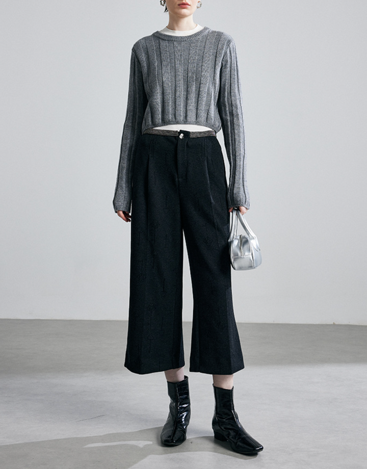 high-waist wide-leg cropped trousers with subtle jacquard texture – ELISE