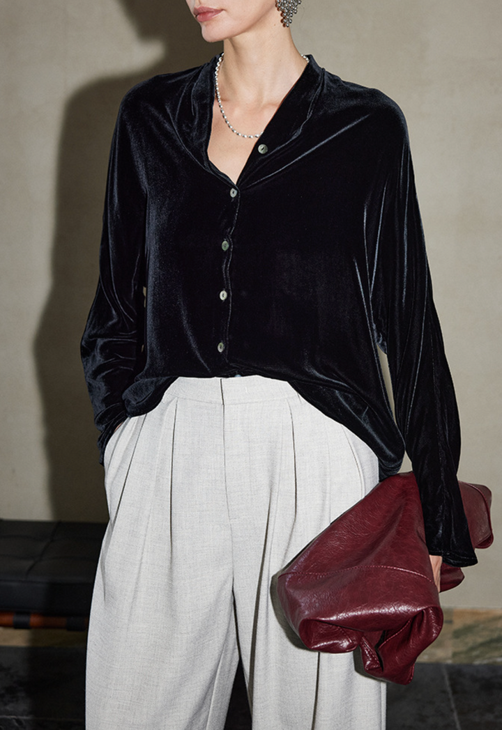velvet button-front blouse with relaxed fit – DAHI