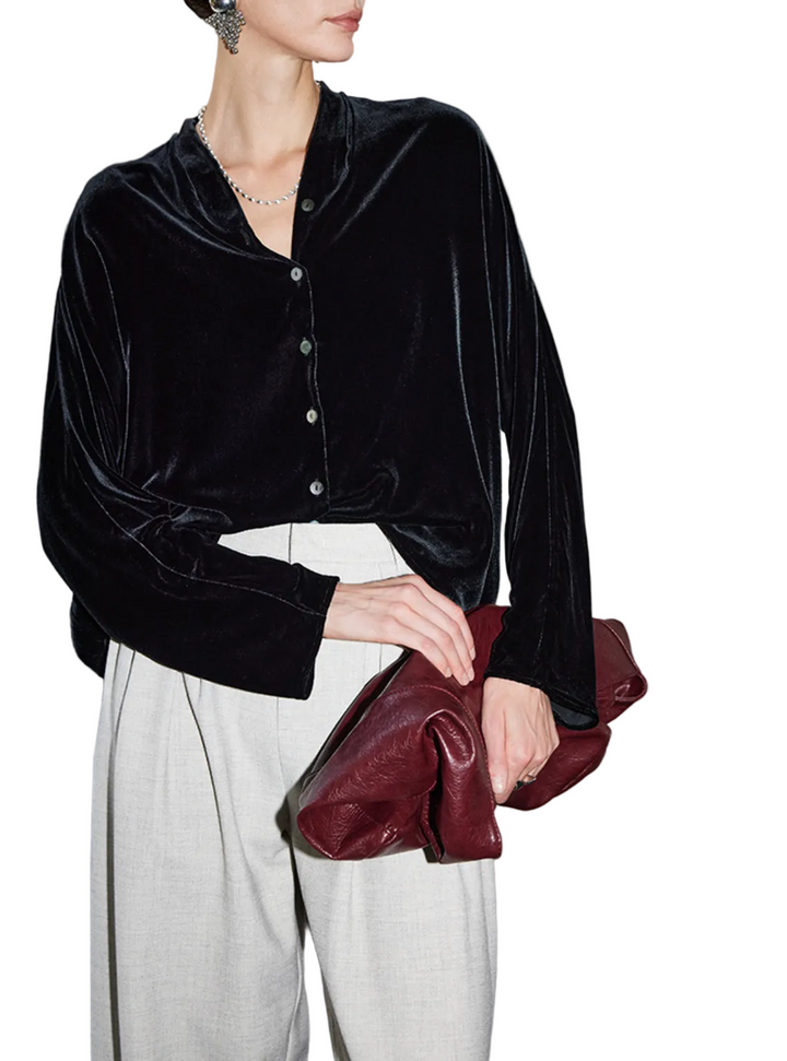 velvet button-front blouse with relaxed fit – DAHI