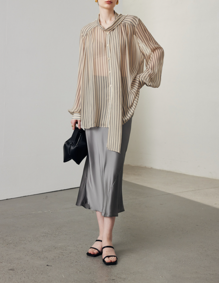 sheer striped blouse with tie-neck bow – VELORA