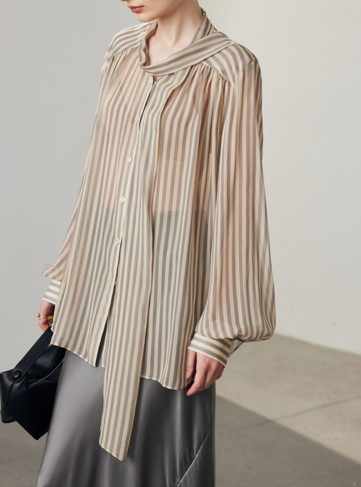 sheer striped blouse with tie-neck bow – VELORA