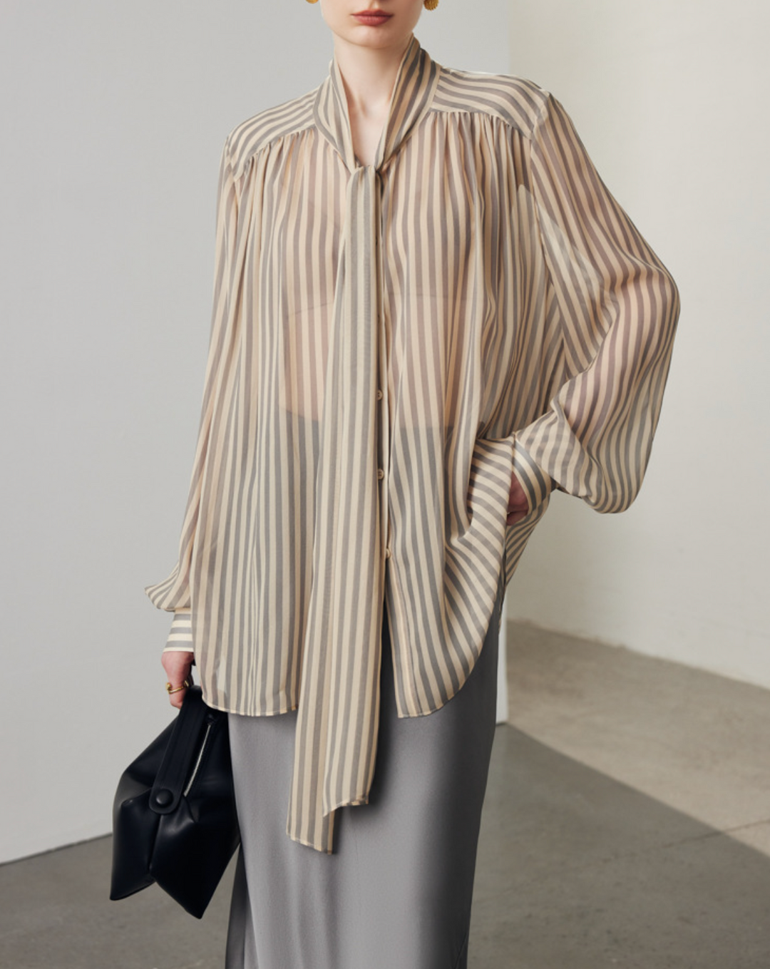 sheer striped blouse with tie-neck bow – VELORA
