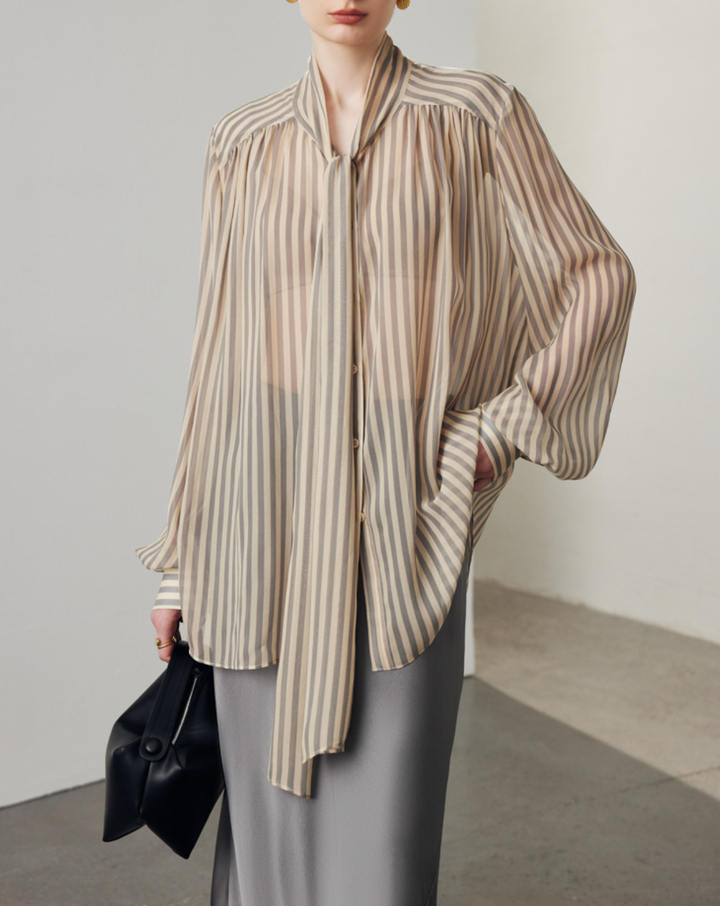 sheer striped blouse with tie-neck bow – VELORA