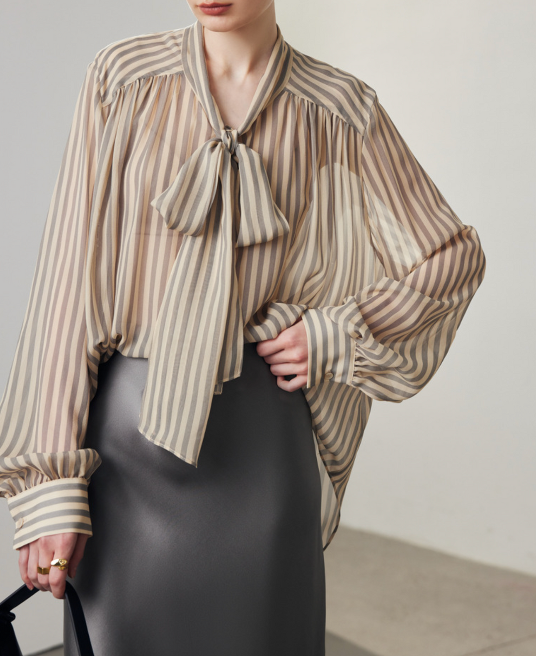 sheer striped blouse with tie-neck bow – VELORA