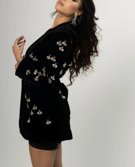 embroidered velvet blazer with floral crystal accents – BLOOM