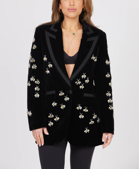 embroidered velvet blazer with floral crystal accents – BLOOM