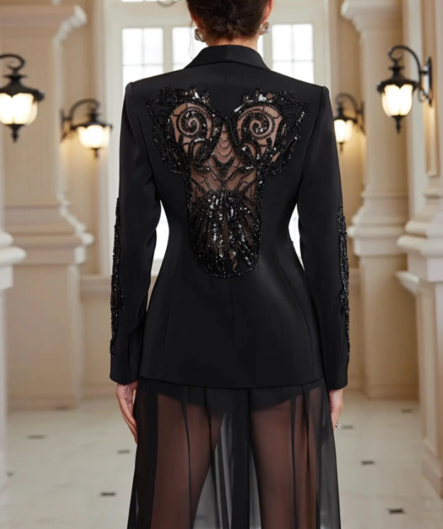 tailored deep-V blazer with embellished lace panels – MIDNIGHT