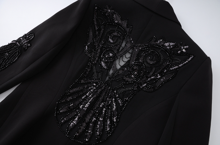 tailored deep-V blazer with embellished lace panels – MIDNIGHT