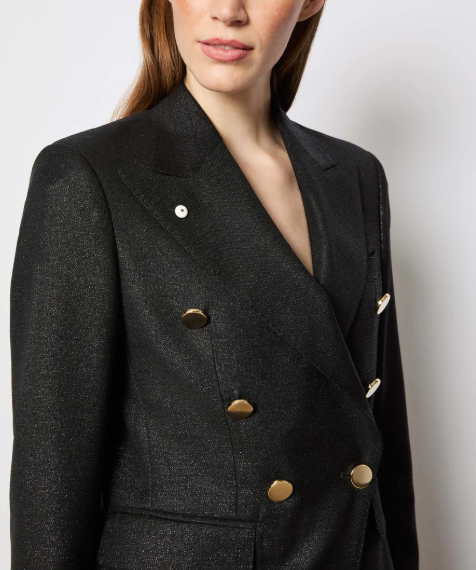 textured double-breasted blazer with gold crest buttons – EMPRESS