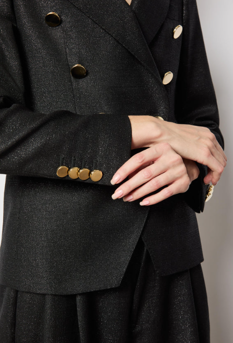textured double-breasted blazer with gold crest buttons – EMPRESS