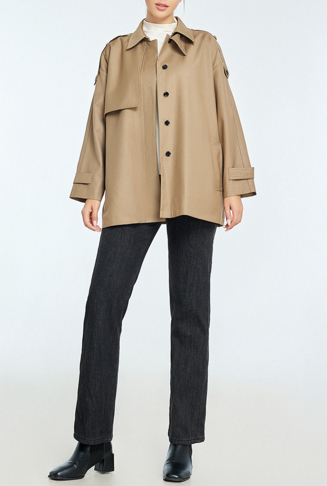 belted trench-style jacket with shoulder tabs – HAVEN