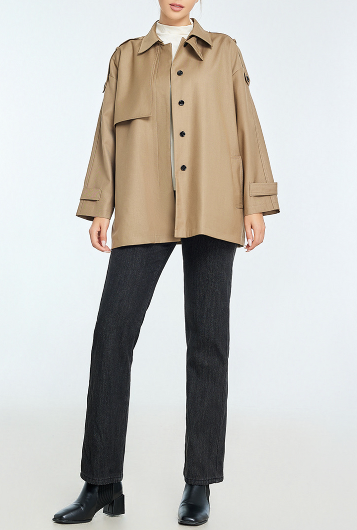 belted trench-style jacket with shoulder tabs – HAVEN