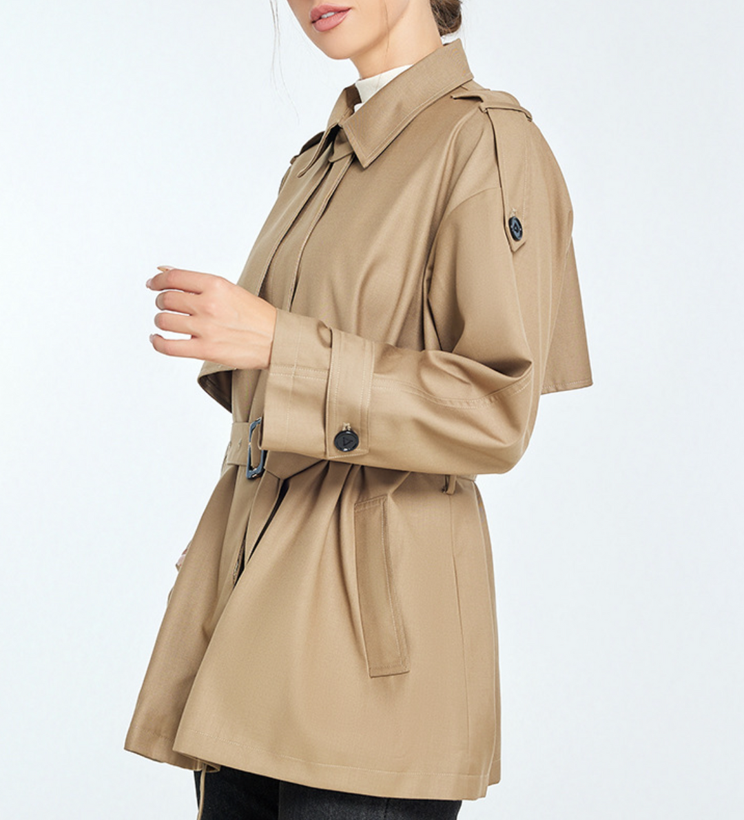 belted trench-style jacket with shoulder tabs – HAVEN
