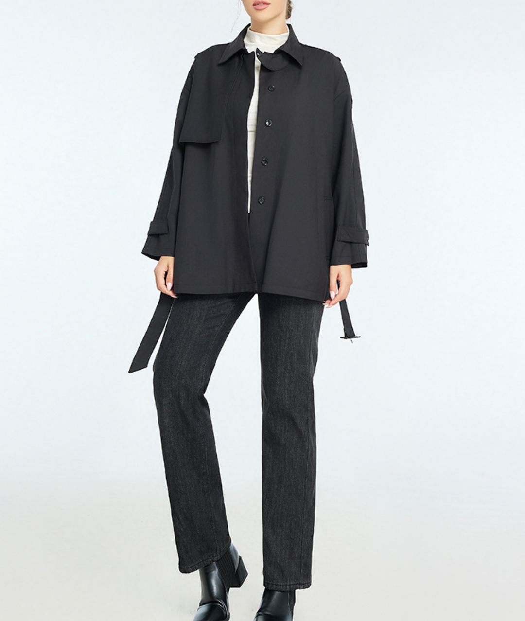 belted trench-style jacket with shoulder tabs – HAVEN