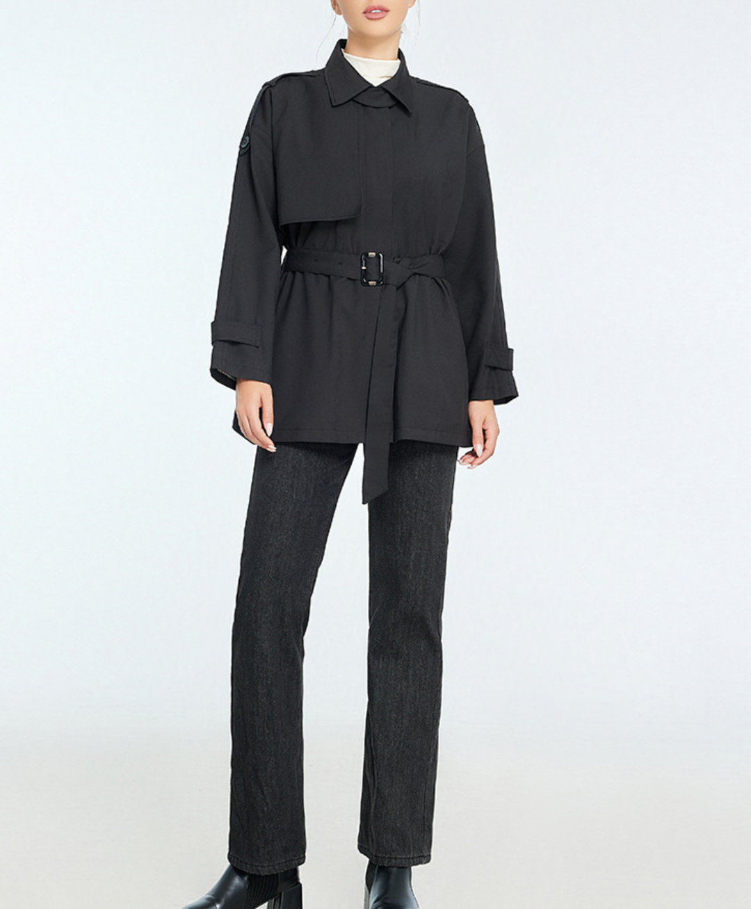 belted trench-style jacket with shoulder tabs – HAVEN