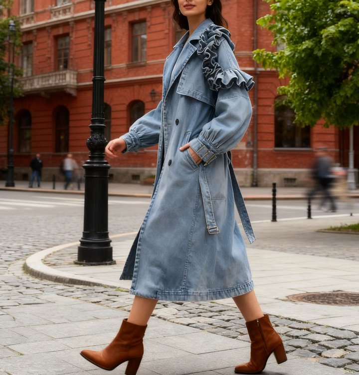 ruffled denim trench jacket with belted waist – ELARA