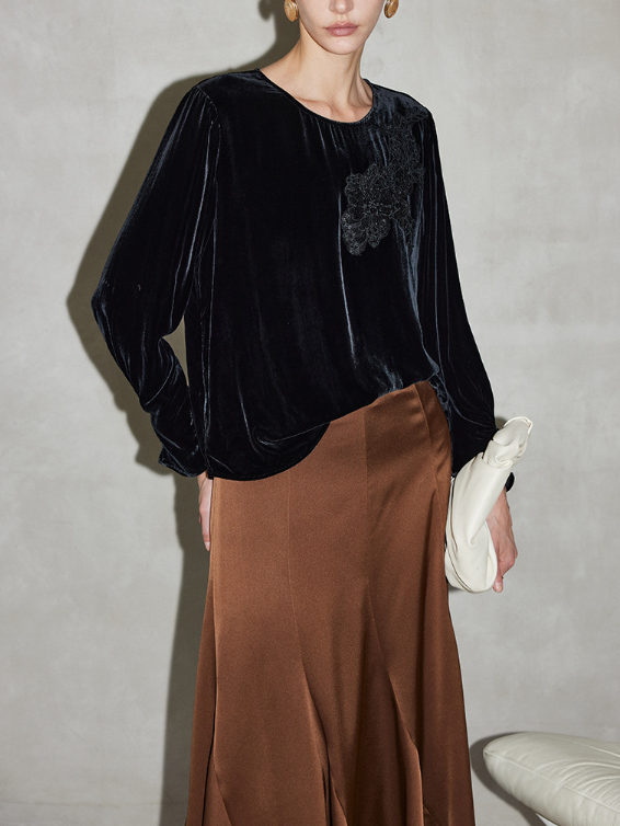 velvet long-sleeve blouse with lace appliqué – SIDNE