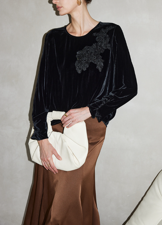 velvet long-sleeve blouse with lace appliqué – SIDNE