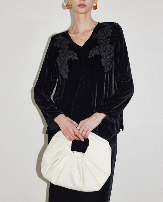 velvet V-neck blouse with floral lace panels – SILYAN