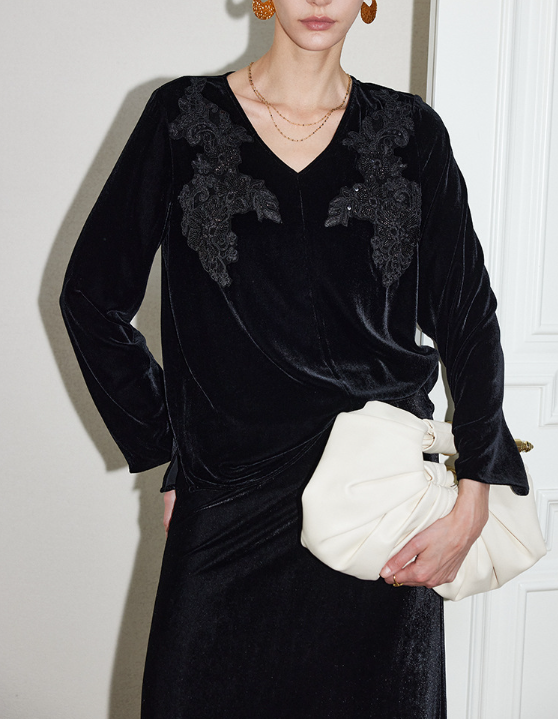 velvet V-neck blouse with floral lace panels – SILYAN