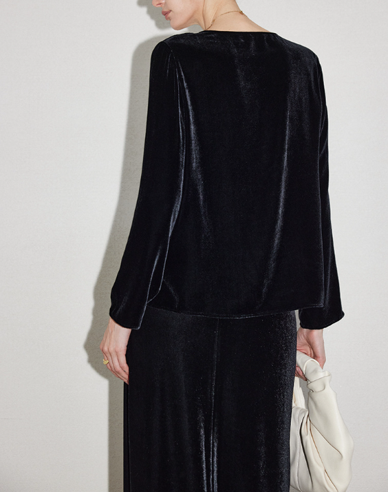 velvet V-neck blouse with floral lace panels – SILYAN