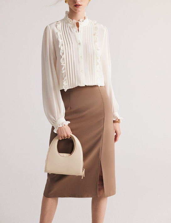 pleated ruffle-trim blouse with stand collar – DADEL