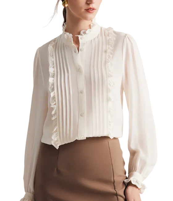 pleated ruffle-trim blouse with stand collar – DADEL