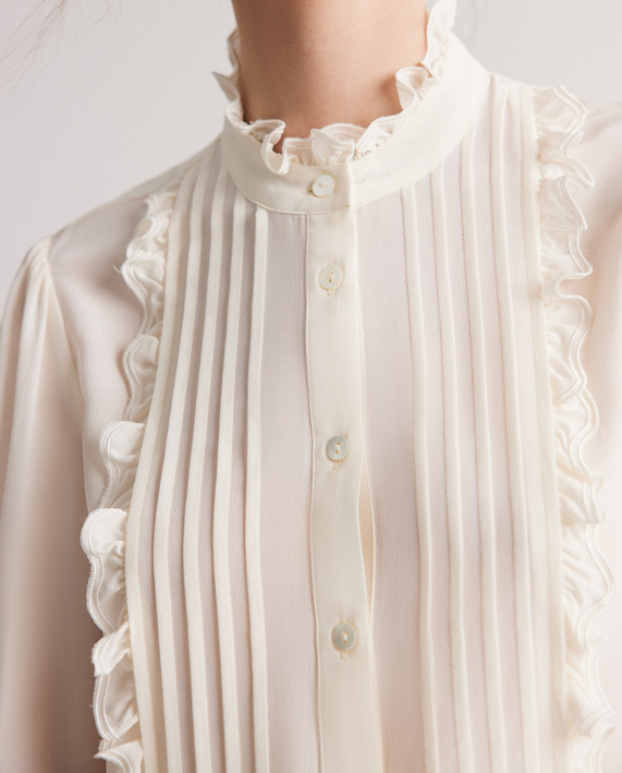 pleated ruffle-trim blouse with stand collar – DADEL