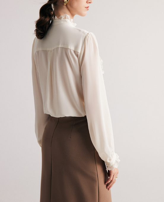 pleated ruffle-trim blouse with stand collar – DADEL