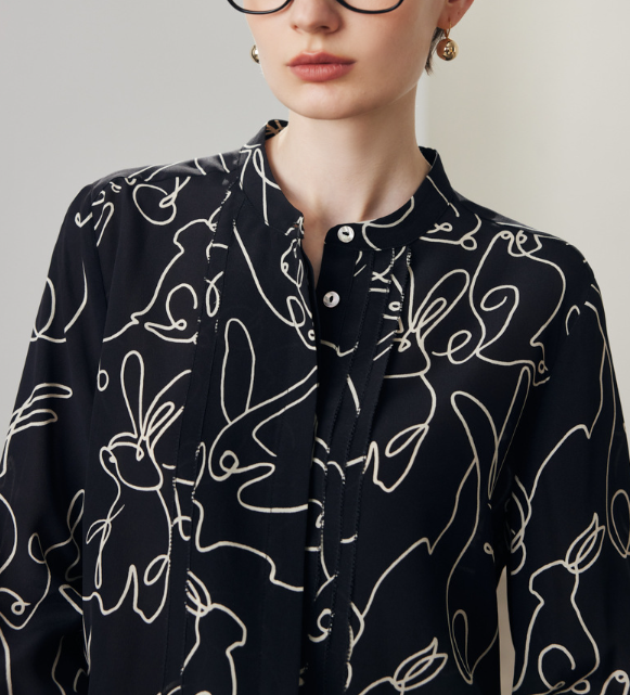 abstract line-print blouse with stand collar – FALIE