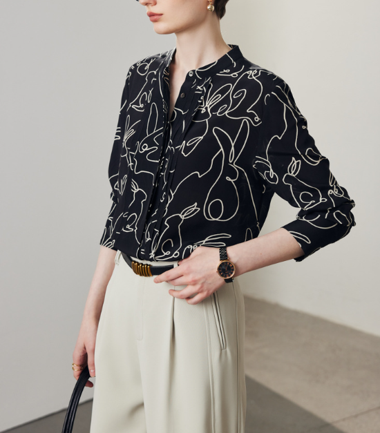 abstract line-print blouse with stand collar – FALIE