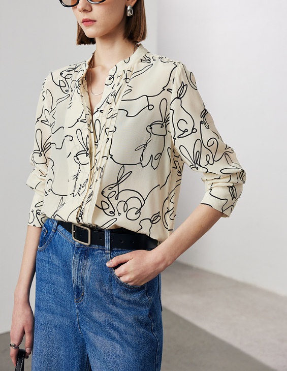 abstract line-print blouse with stand collar – FALIE