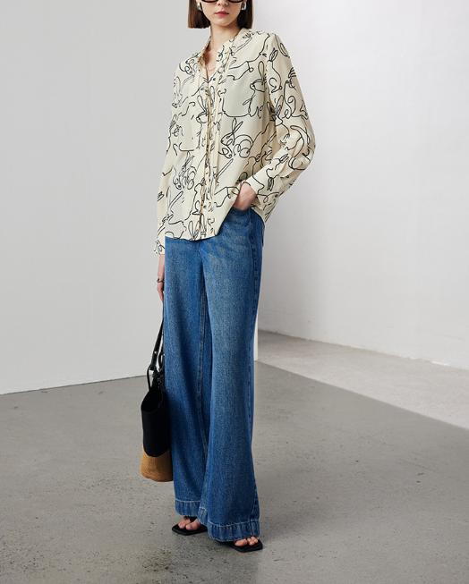 abstract line-print blouse with stand collar – FALIE