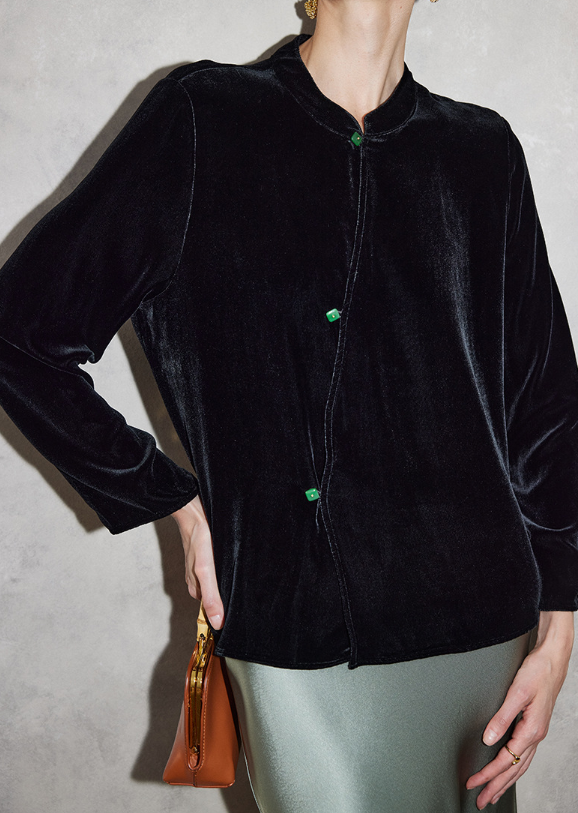 velvet collarless blouse with jewel buttons – DDILA